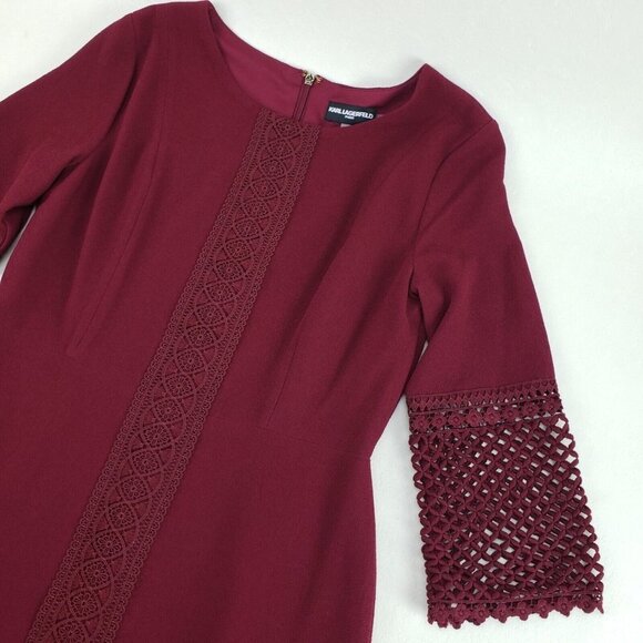 Karl Lagerfeld Lace Embroidered Dress Womens 8 Burgundy Knee Length 3/4 Sleeve - Picture 2 of 13
